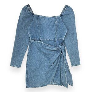 NWT Rahi Blue Medium Wash Wrap Long Sleeve Denim Mini Dress sz S